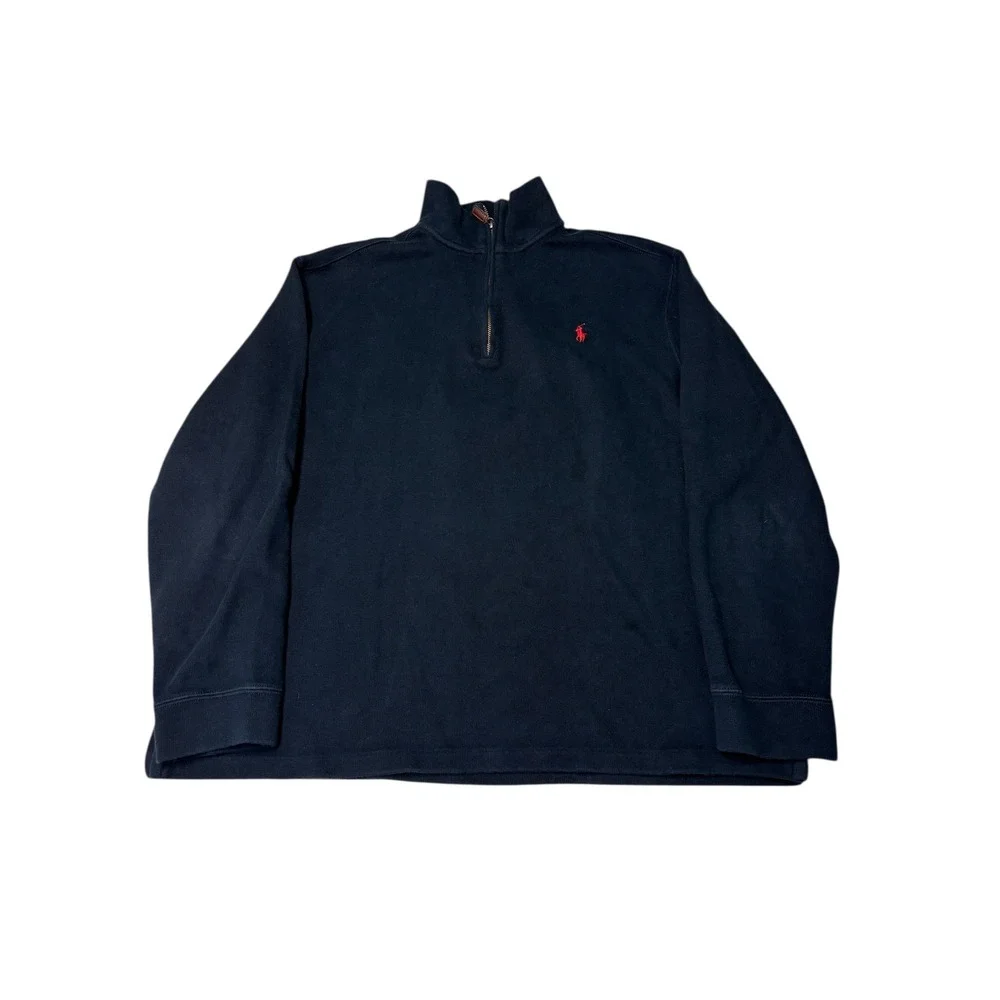 Vtg Polo Ralph Lauren Mens Navy Blue 1/4 Zip Long Sleeve Cotton Sweater Size XL